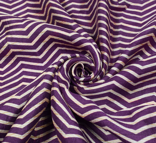 Sushila Vintage Dark Purple Saree Pure Silk Printed Zig-Zag Soft Craft Fabric