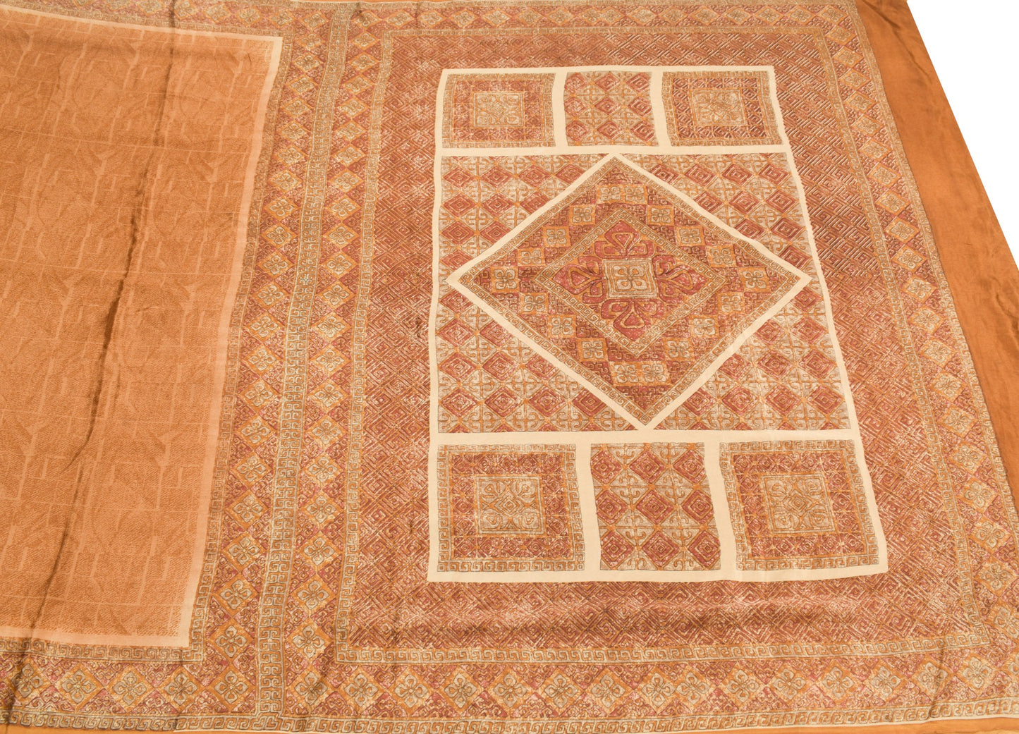 Sushila Vintage Brown Saree 100% Pure Chinnon Silk Printed 6Yd Soft Craft Fabric