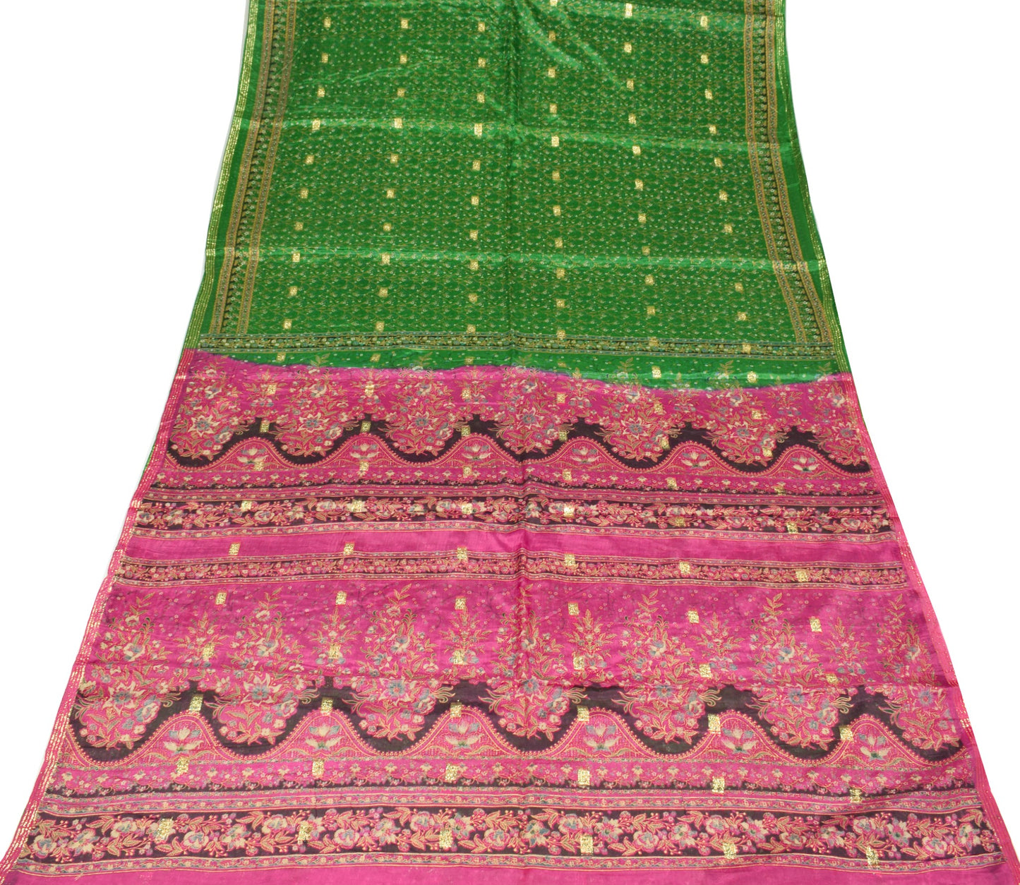 Sushila Vintage Green Floral Saree 100% Pure Silk Printed Sari Soft Craft Fabric