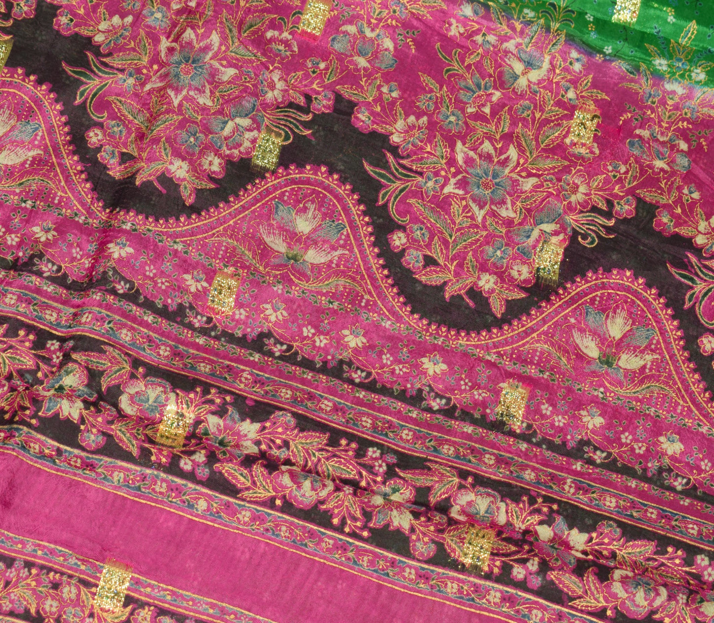 Sushila Vintage Green Floral Saree 100% Pure Silk Printed Sari Soft Craft Fabric