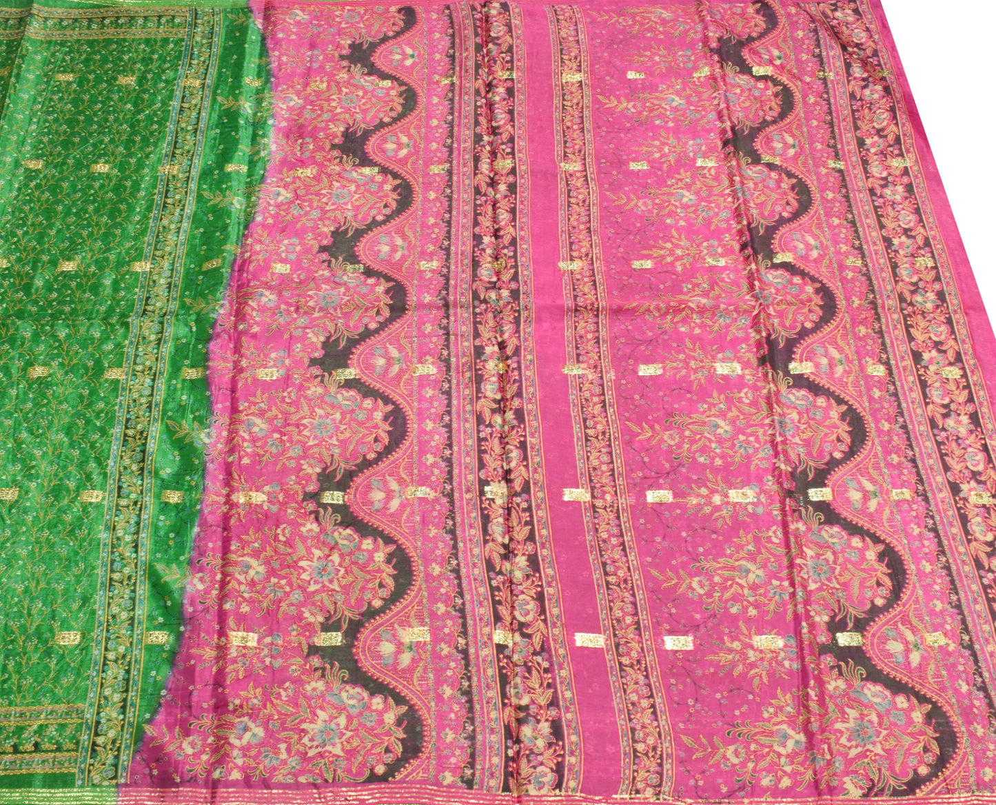 Sushila Vintage Green Floral Saree 100% Pure Silk Printed Sari Soft Craft Fabric