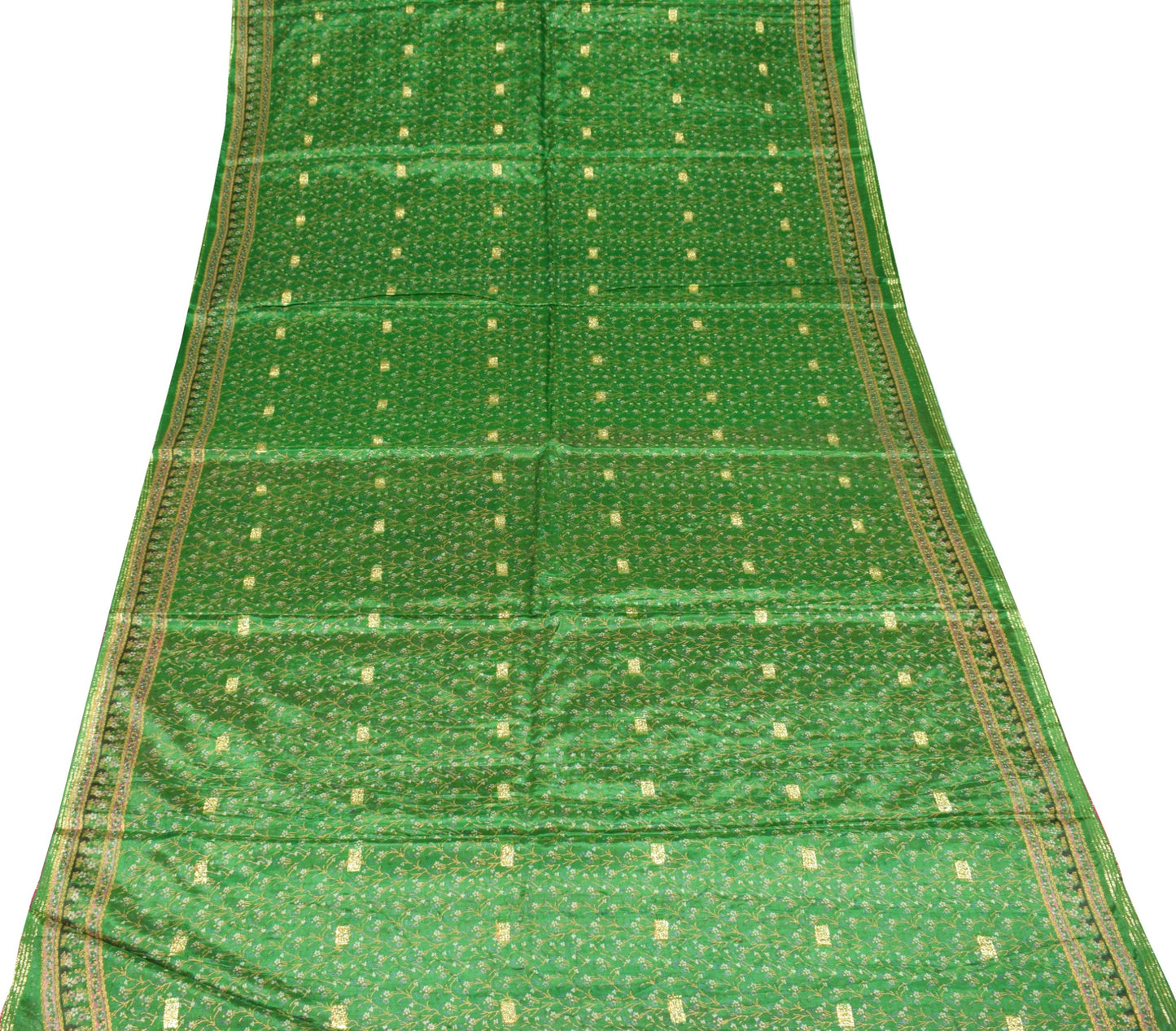 Sushila Vintage Green Floral Saree 100% Pure Silk Printed Sari Soft Craft Fabric