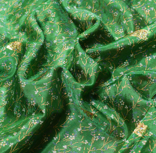 Sushila Vintage Green Floral Saree 100% Pure Silk Printed Sari Soft Craft Fabric
