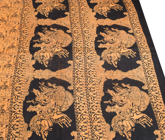 Sushila Vintage Light Orange Saree Pure Silk Mythology Print Sari Craft Fabric