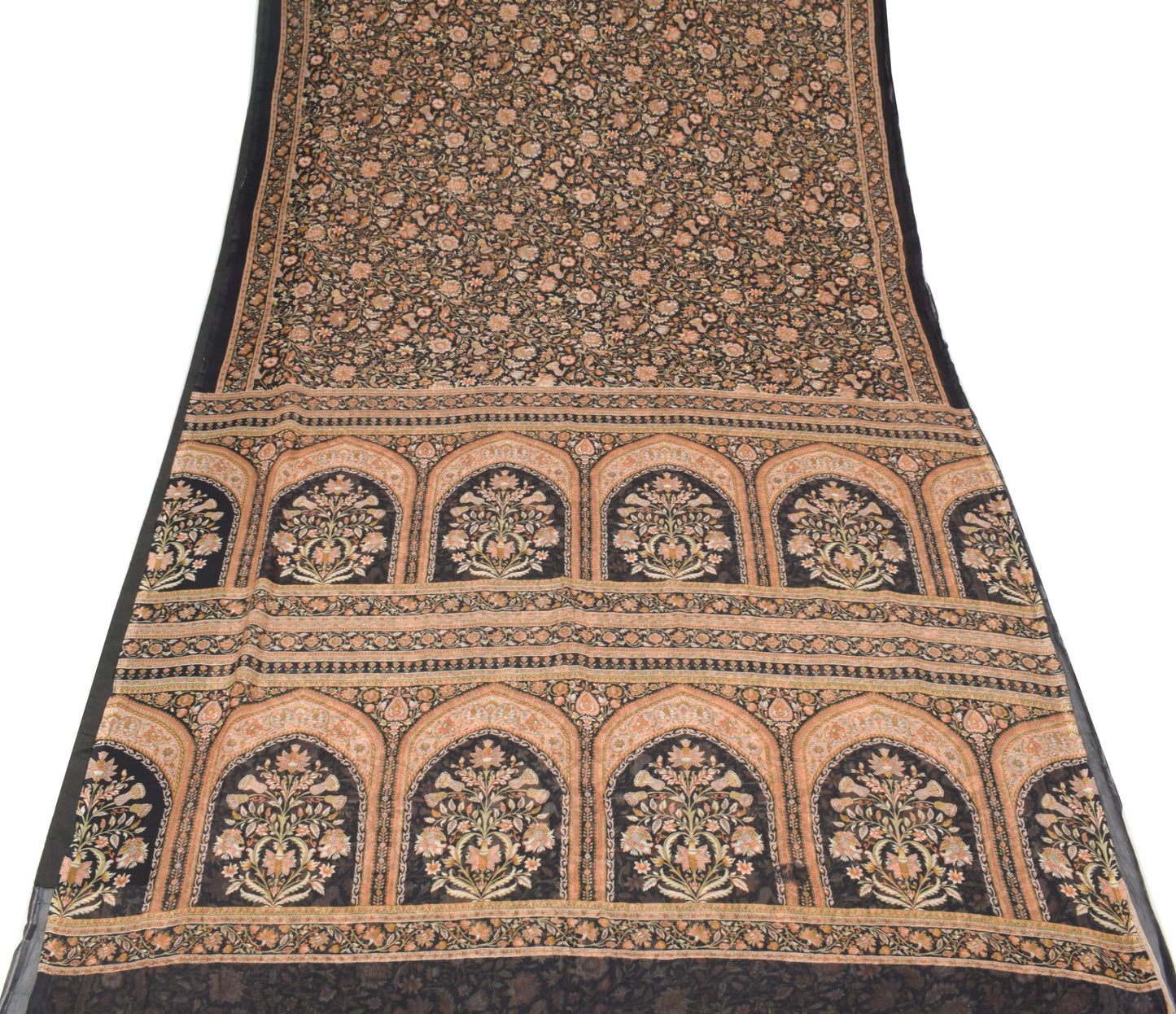 Sushila Vintage Floral Black Saree Pure Chiffon Silk Printed Soft Craft Fabric