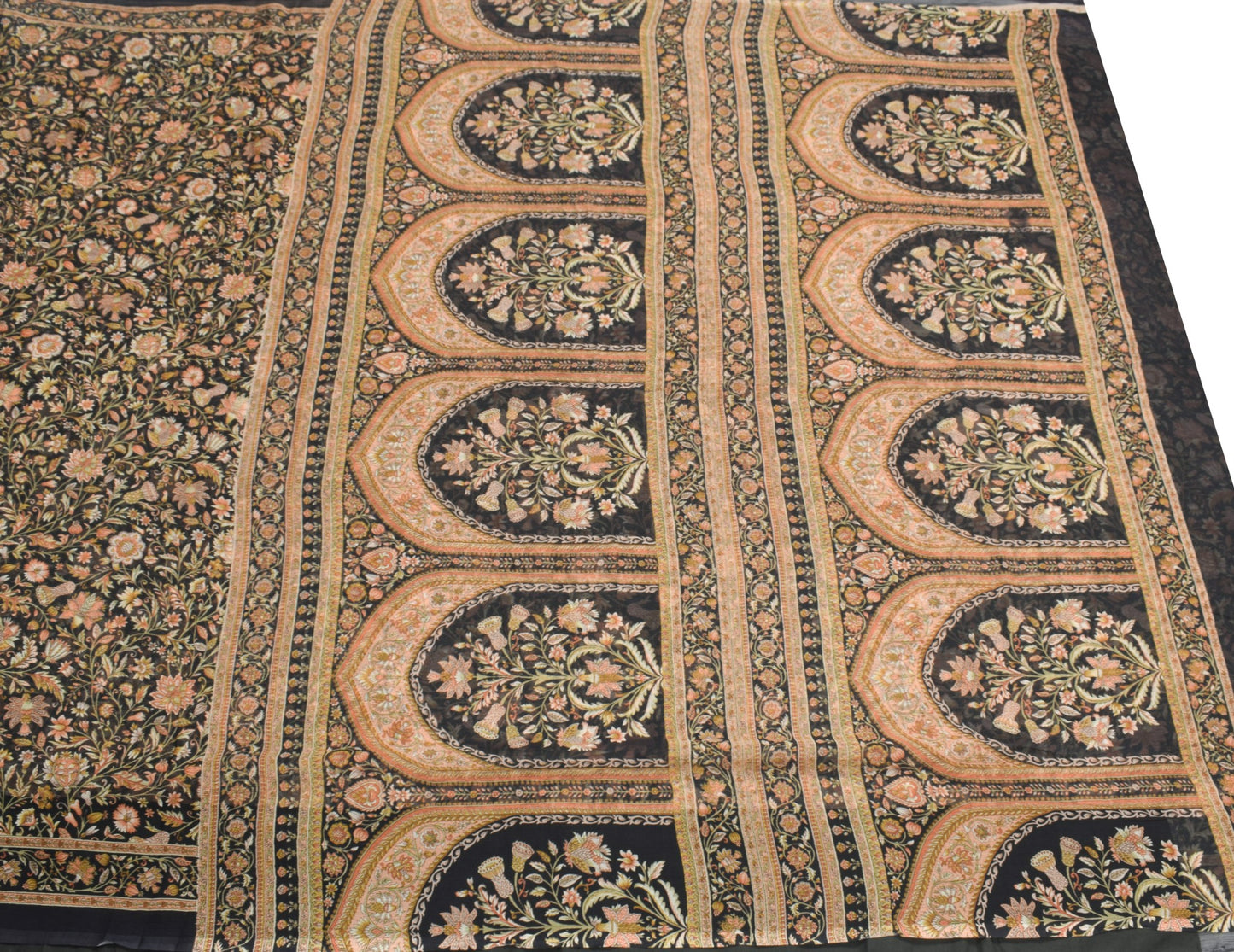 Sushila Vintage Floral Black Saree Pure Chiffon Silk Printed Soft Craft Fabric