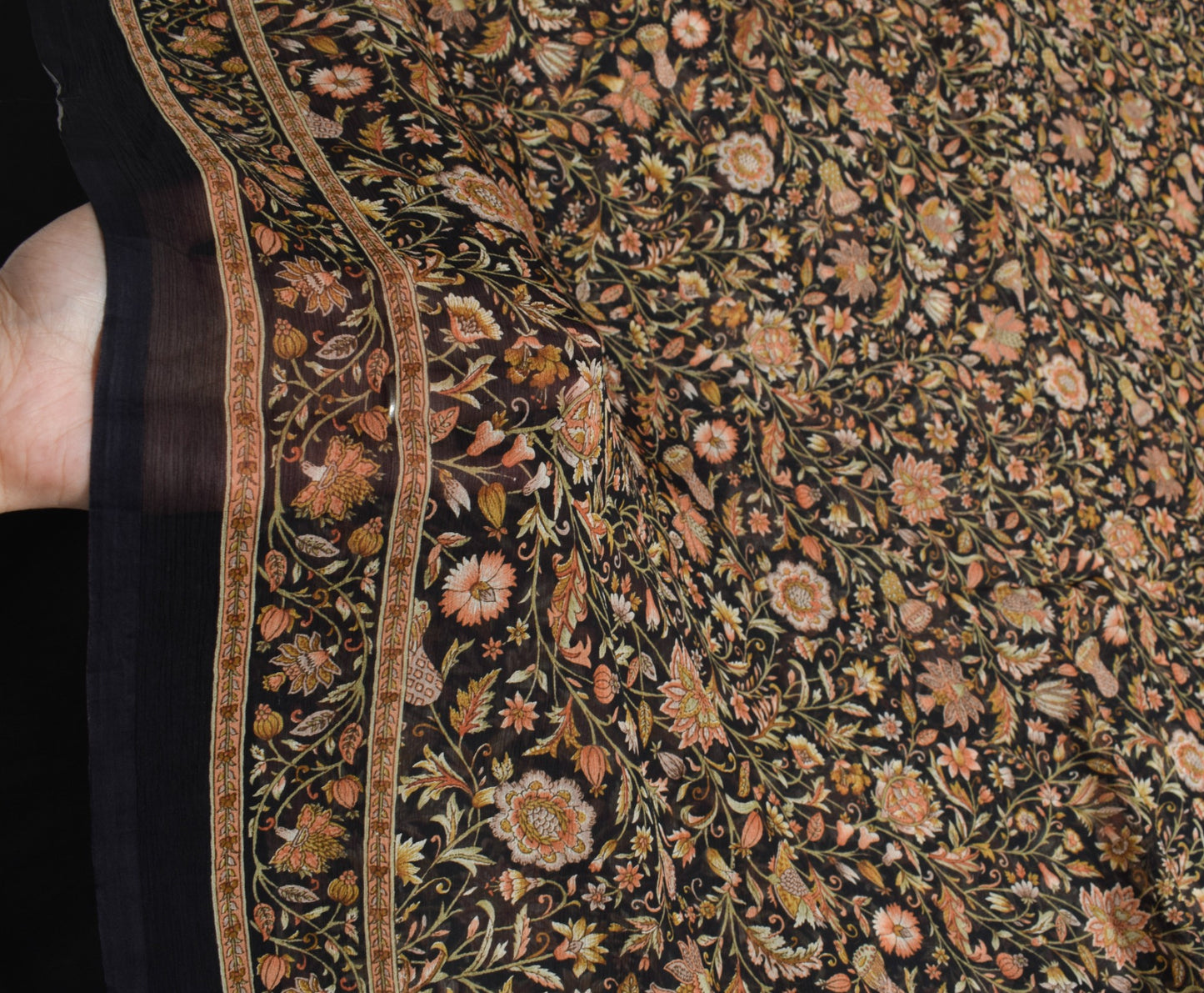 Sushila Vintage Floral Black Saree Pure Chiffon Silk Printed Soft Craft Fabric