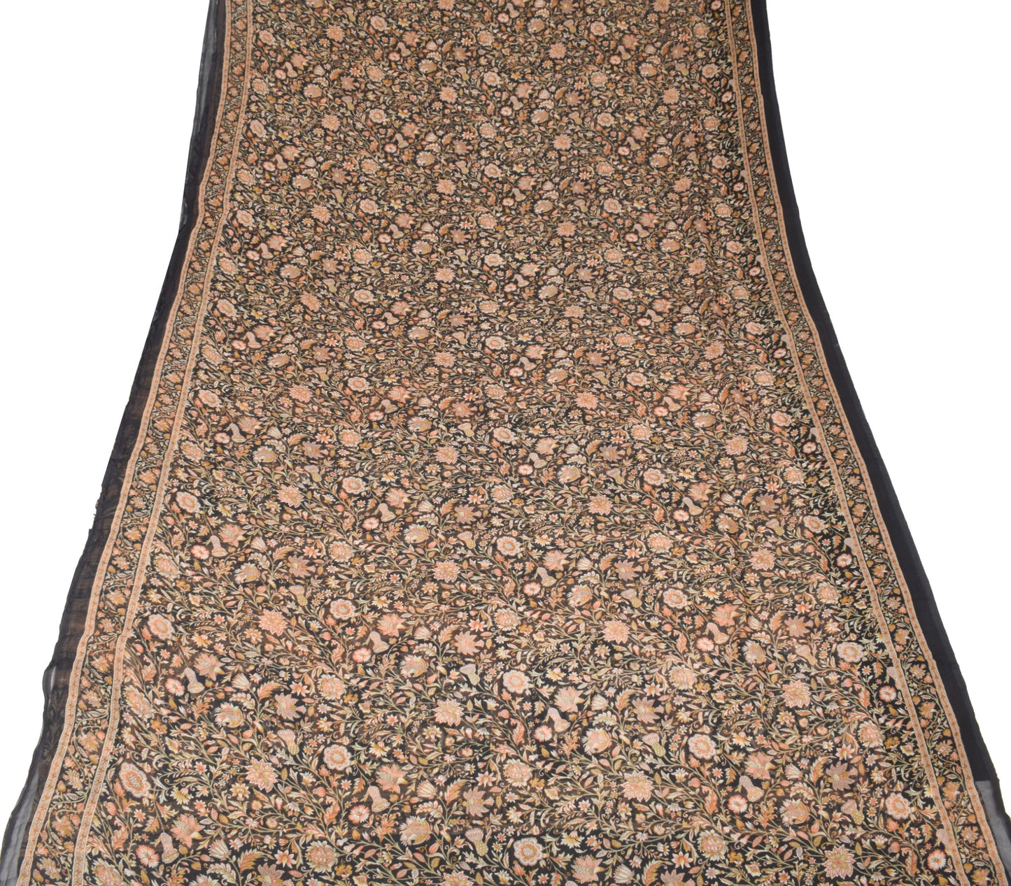 Sushila Vintage Floral Black Saree Pure Chiffon Silk Printed Soft Craft Fabric