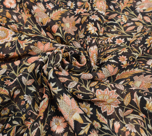 Sushila Vintage Floral Black Saree Pure Chiffon Silk Printed Soft Craft Fabric