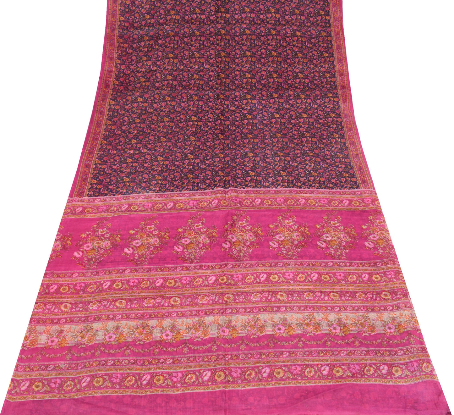 Sushila Vintage Hand Block Printed Saree 100% Pure Silk Floral Blue Craft Fabric