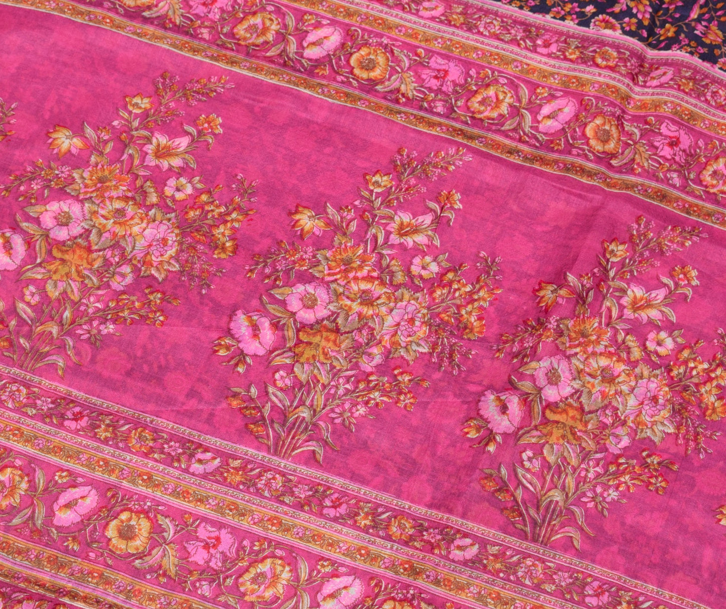 Sushila Vintage Hand Block Printed Saree 100% Pure Silk Floral Blue Craft Fabric