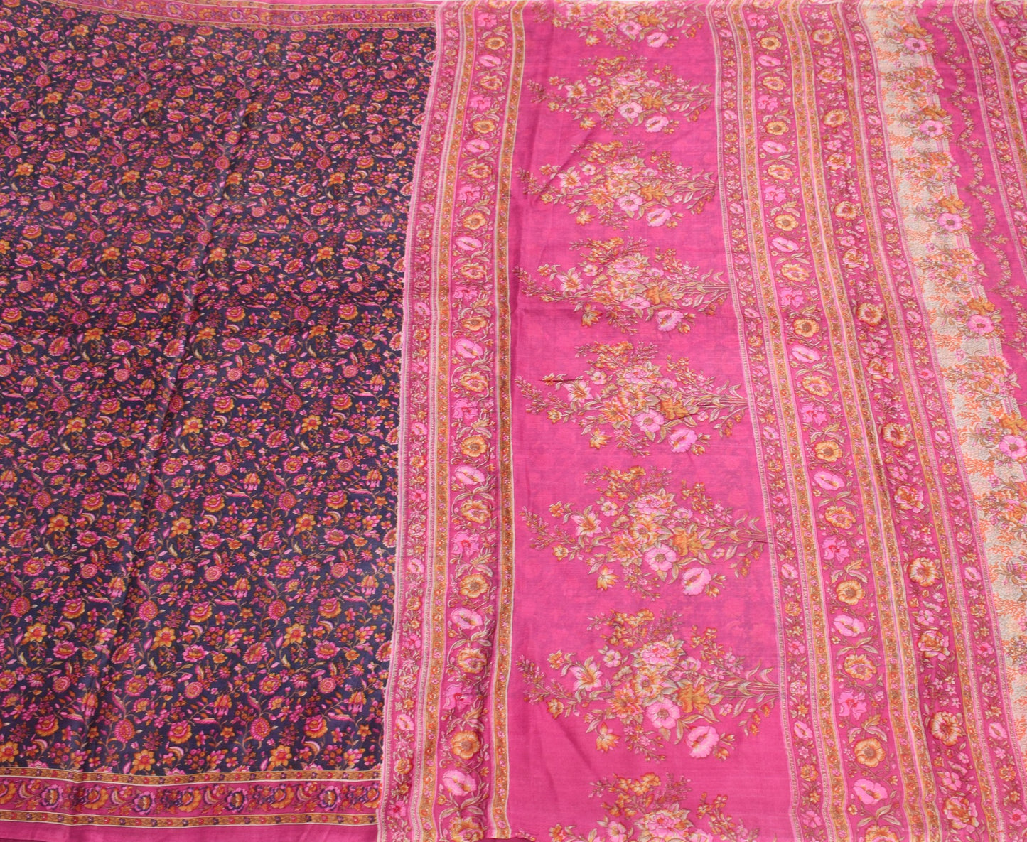 Sushila Vintage Hand Block Printed Saree 100% Pure Silk Floral Blue Craft Fabric