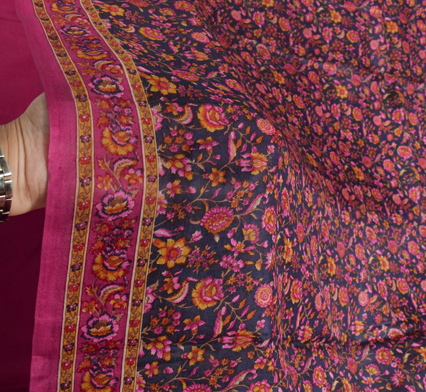 Sushila Vintage Hand Block Printed Saree 100% Pure Silk Floral Blue Craft Fabric