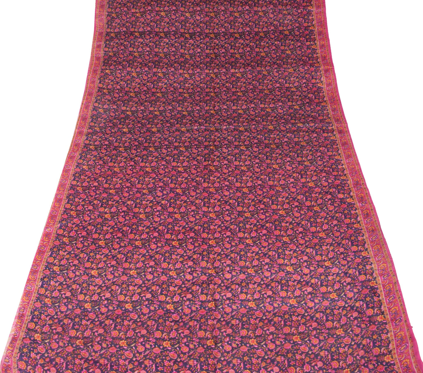 Sushila Vintage Hand Block Printed Saree 100% Pure Silk Floral Blue Craft Fabric