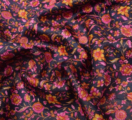 Sushila Vintage Hand Block Printed Saree 100% Pure Silk Floral Blue Craft Fabric