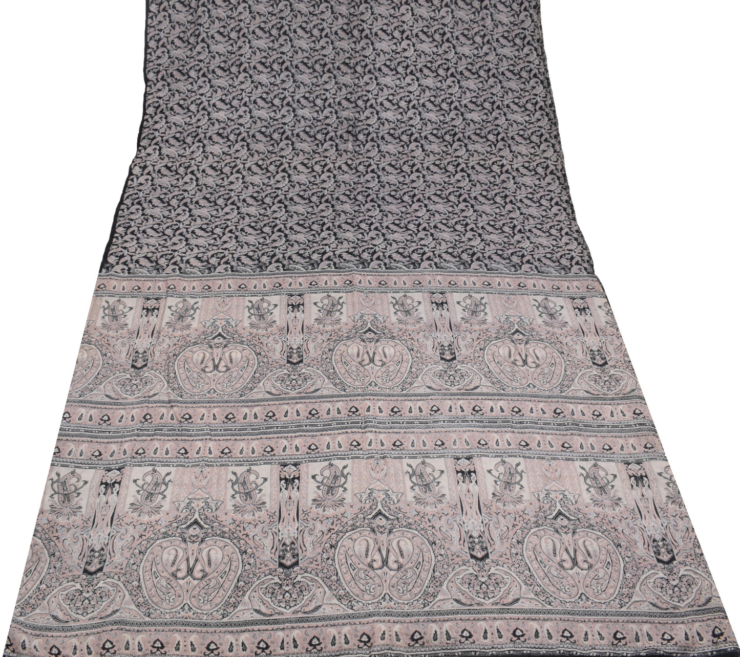 Sushila Vintage Paisley Printed Saree 100%Pure Silk Black Sari Soft Craft Fabric