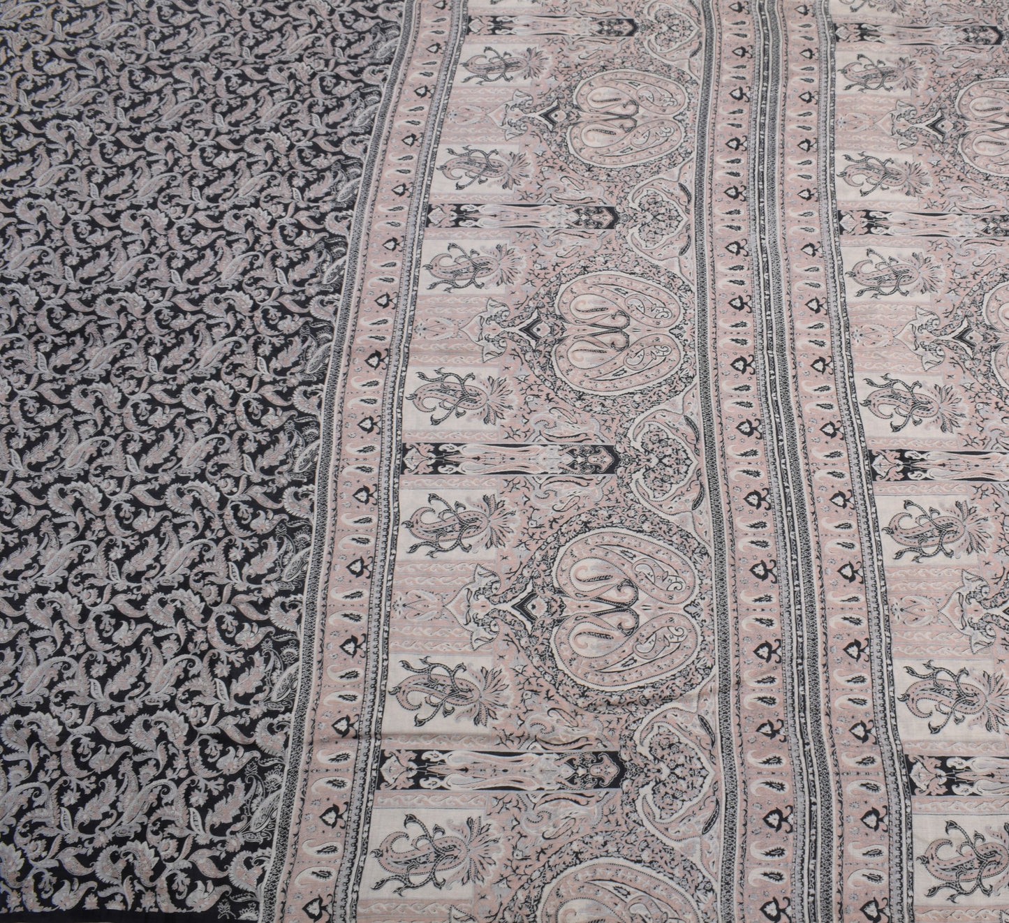 Sushila Vintage Paisley Printed Saree 100%Pure Silk Black Sari Soft Craft Fabric