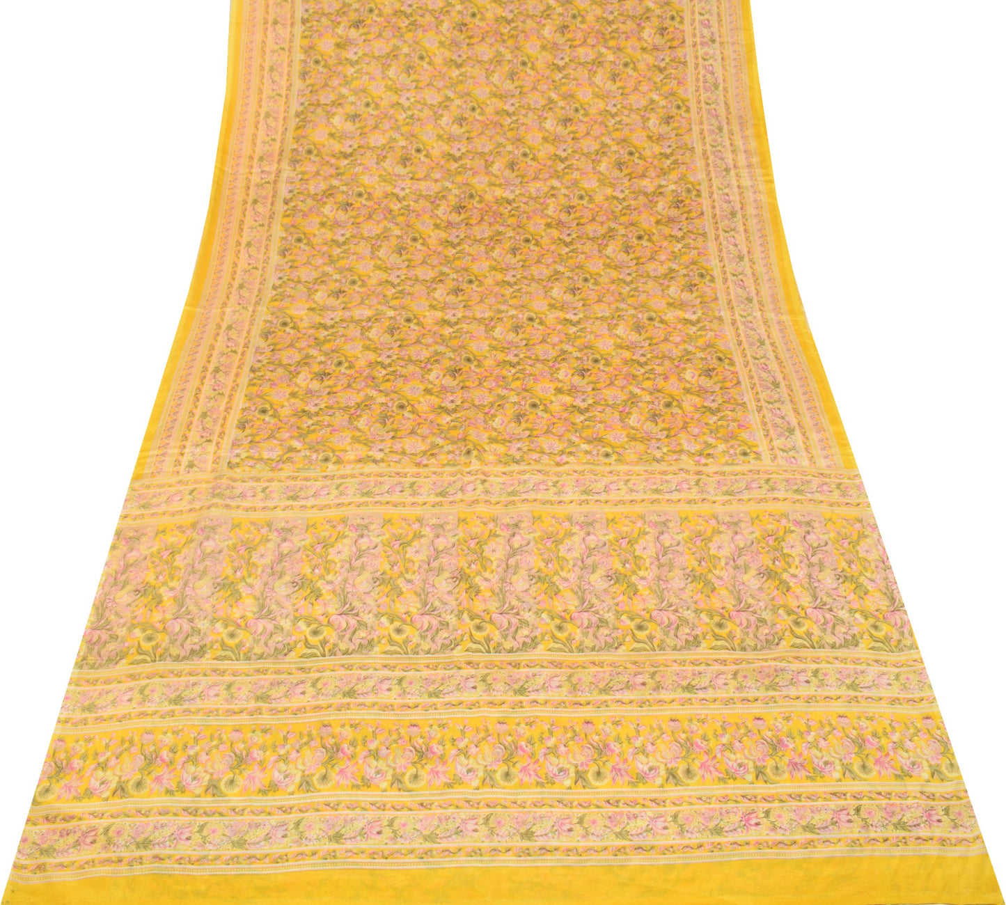 Sushila Vintage Floral Yellow Saree 6YD Pure Silk Printed Sari Soft Craft Fabric