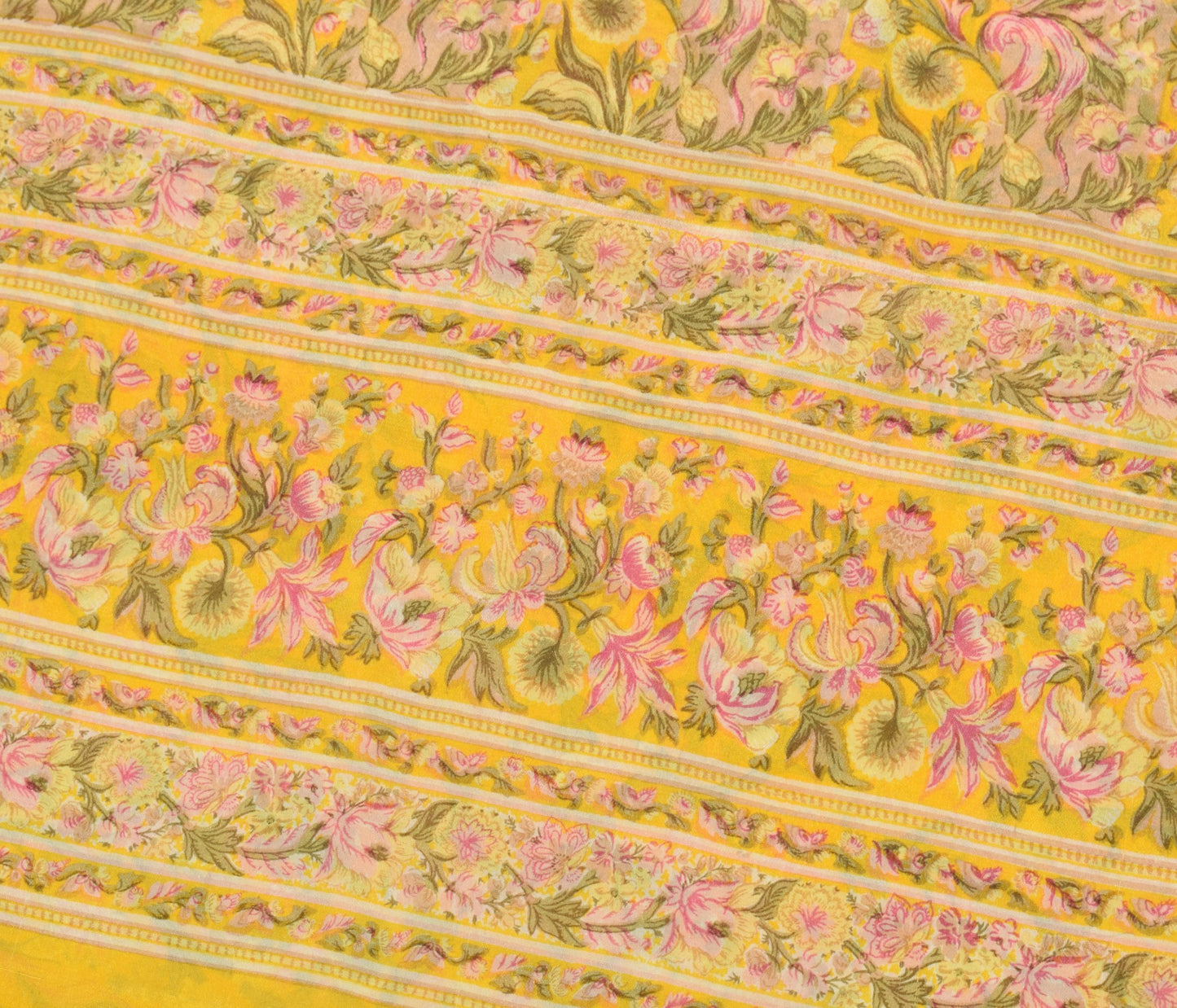 Sushila Vintage Floral Yellow Saree 6YD Pure Silk Printed Sari Soft Craft Fabric