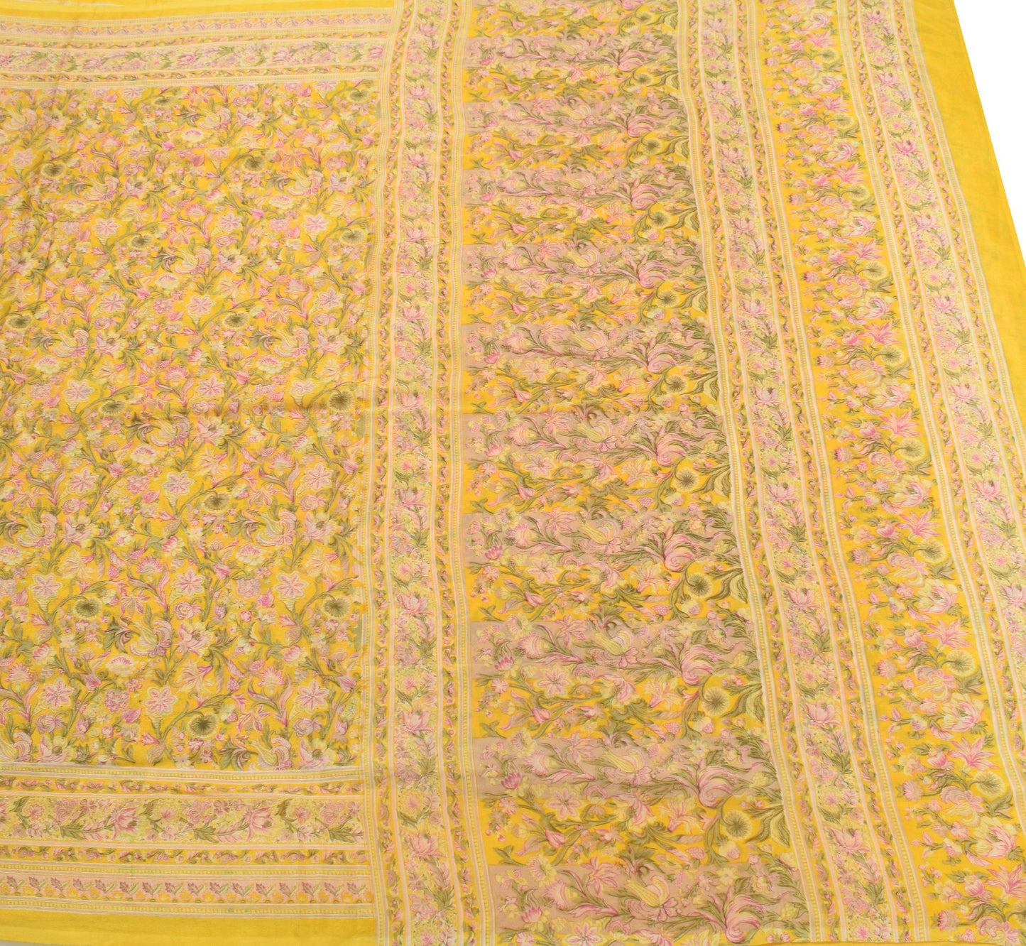 Sushila Vintage Floral Yellow Saree 6YD Pure Silk Printed Sari Soft Craft Fabric