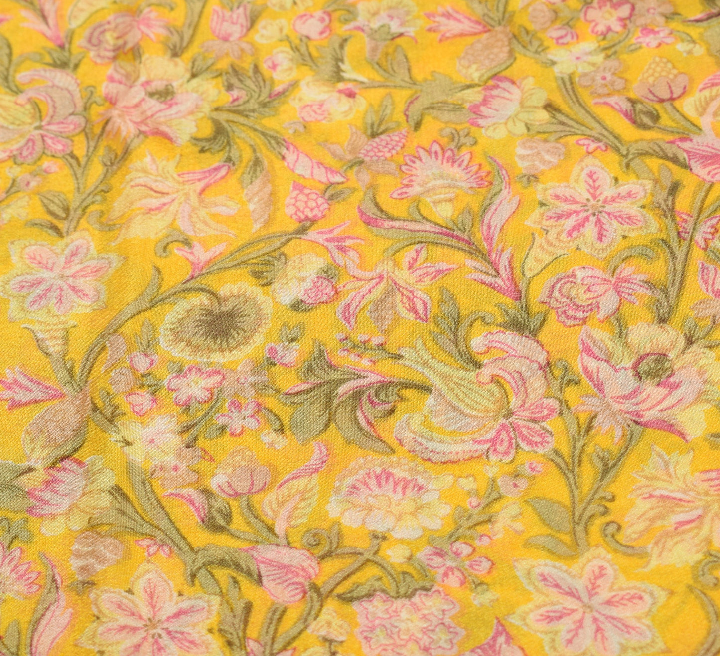 Sushila Vintage Floral Yellow Saree 6YD Pure Silk Printed Sari Soft Craft Fabric