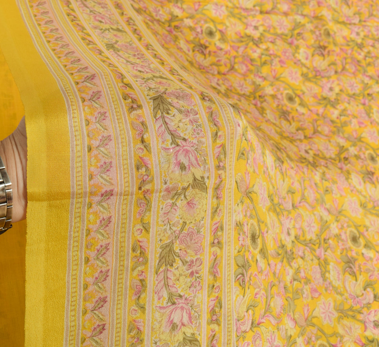 Sushila Vintage Floral Yellow Saree 6YD Pure Silk Printed Sari Soft Craft Fabric