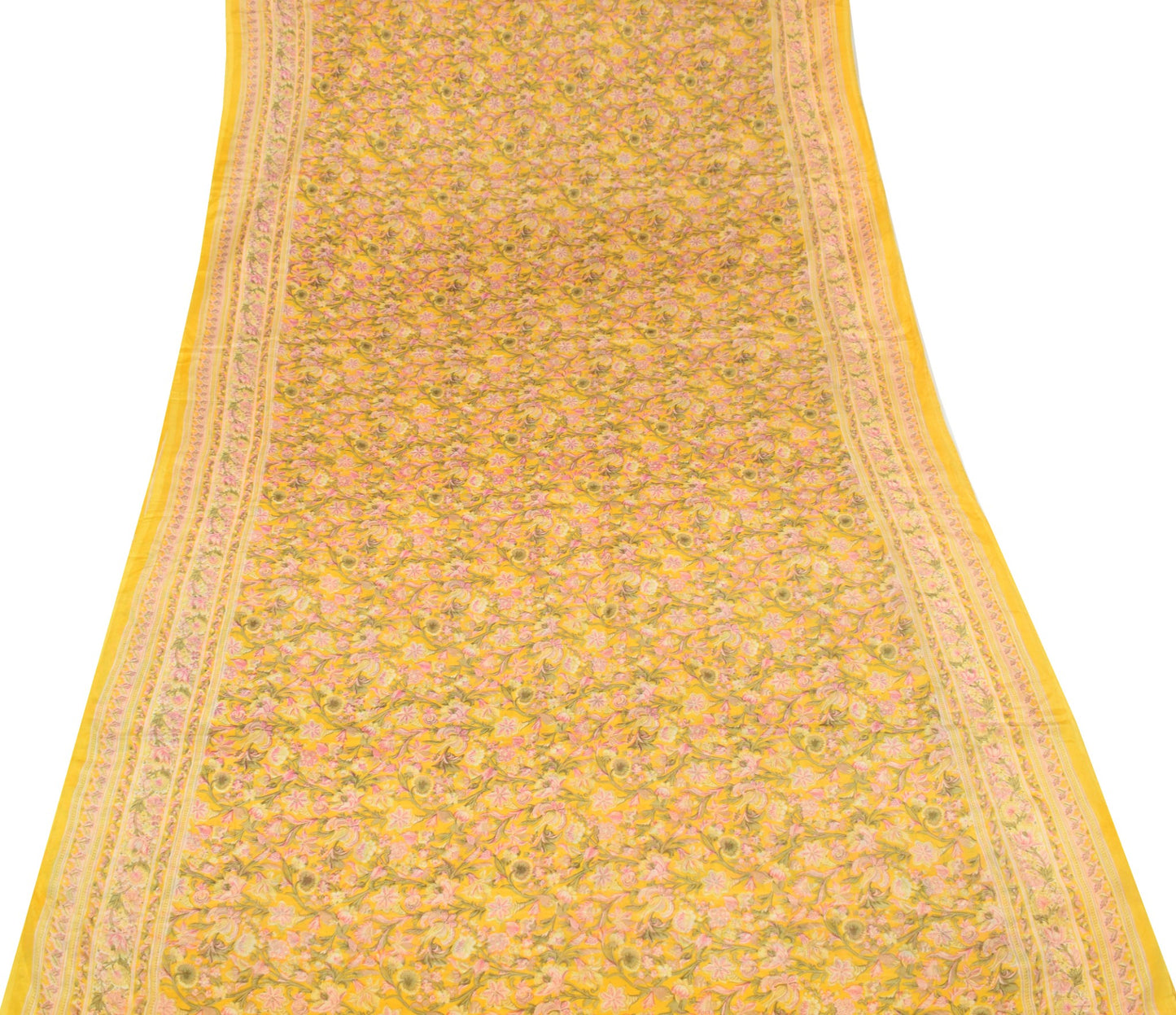 Sushila Vintage Floral Yellow Saree 6YD Pure Silk Printed Sari Soft Craft Fabric