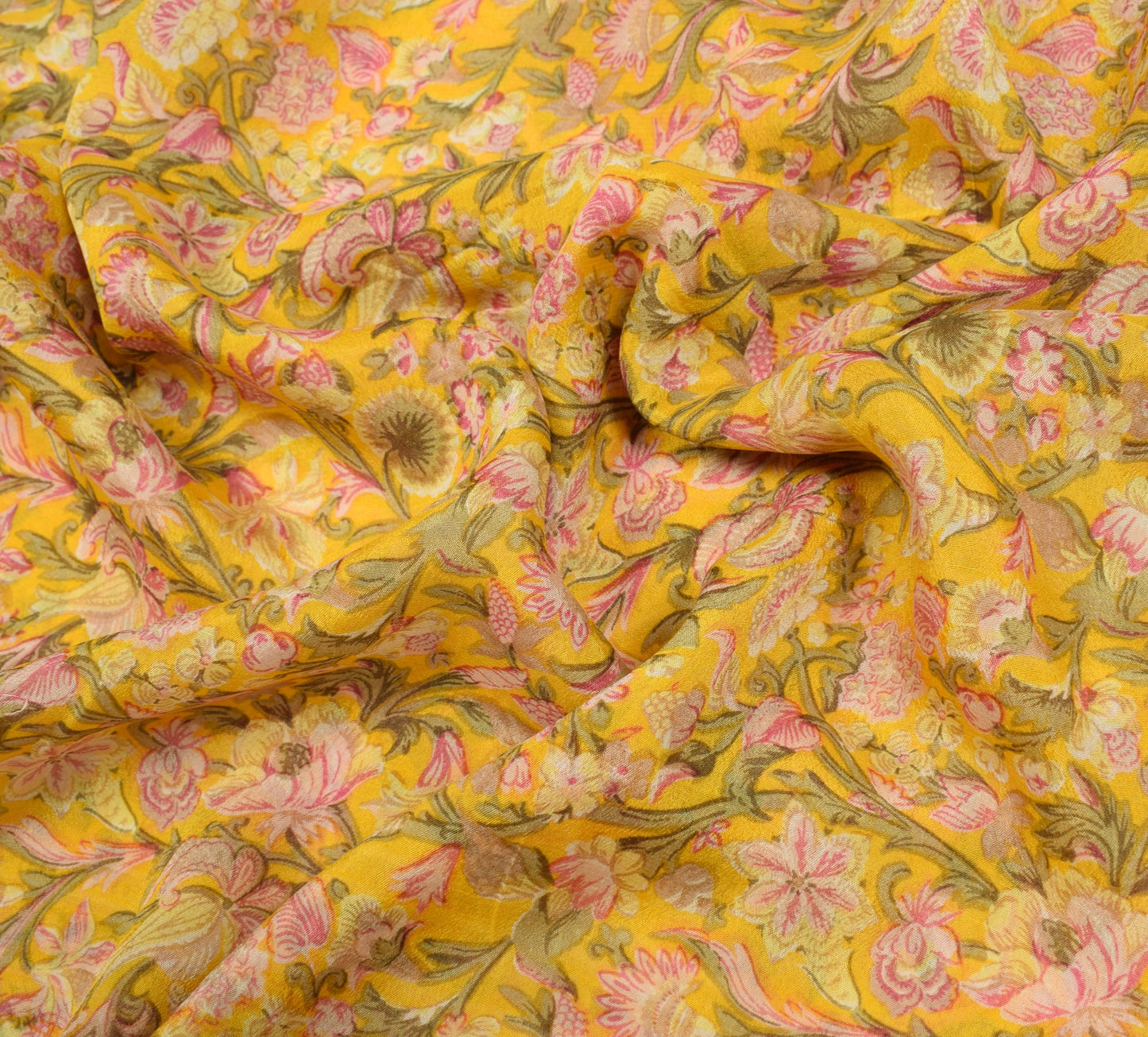 Sushila Vintage Floral Yellow Saree 6YD Pure Silk Printed Sari Soft Craft Fabric