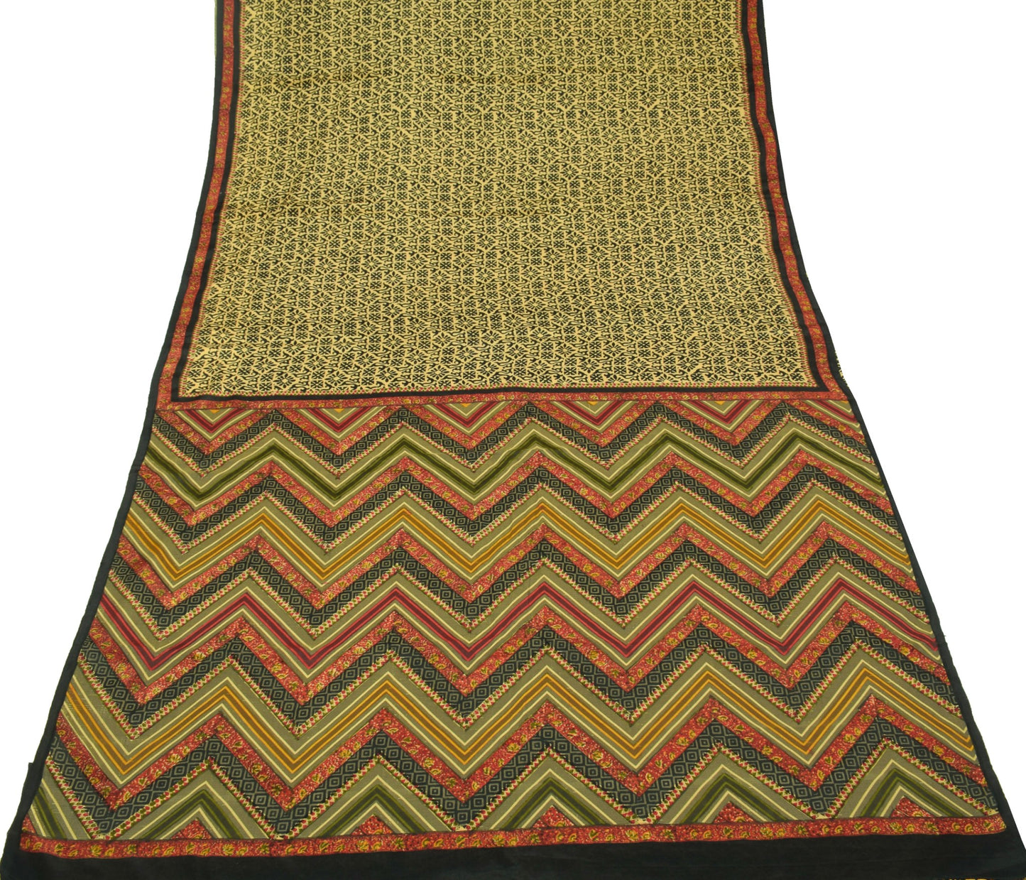 Sushila Vintage Hand Block Printed Saree 100% Pure Silk Cream Soft Craft Fabric