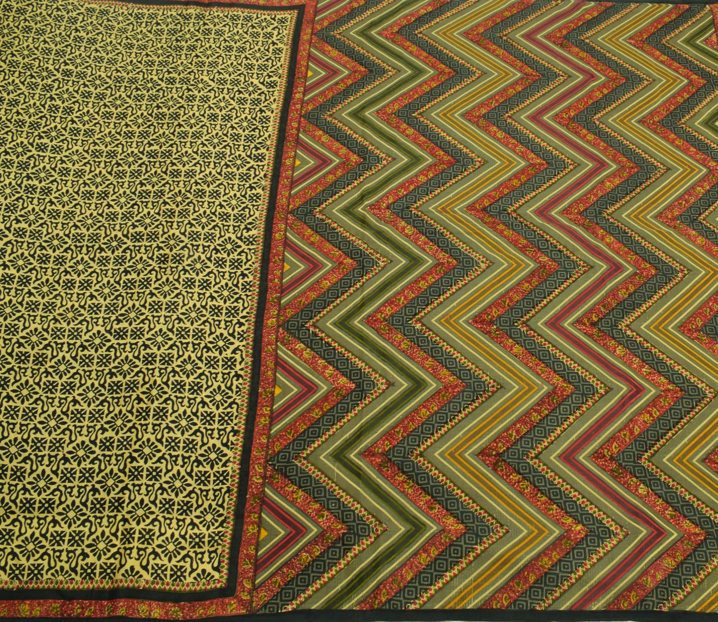 Sushila Vintage Hand Block Printed Saree 100% Pure Silk Cream Soft Craft Fabric