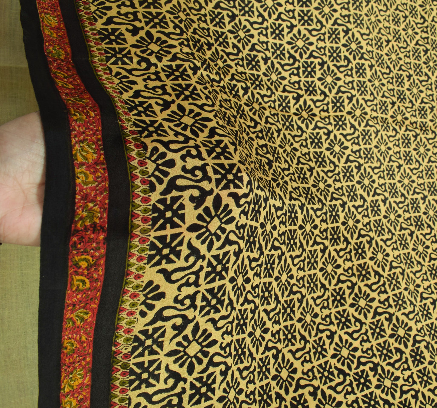 Sushila Vintage Hand Block Printed Saree 100% Pure Silk Cream Soft Craft Fabric