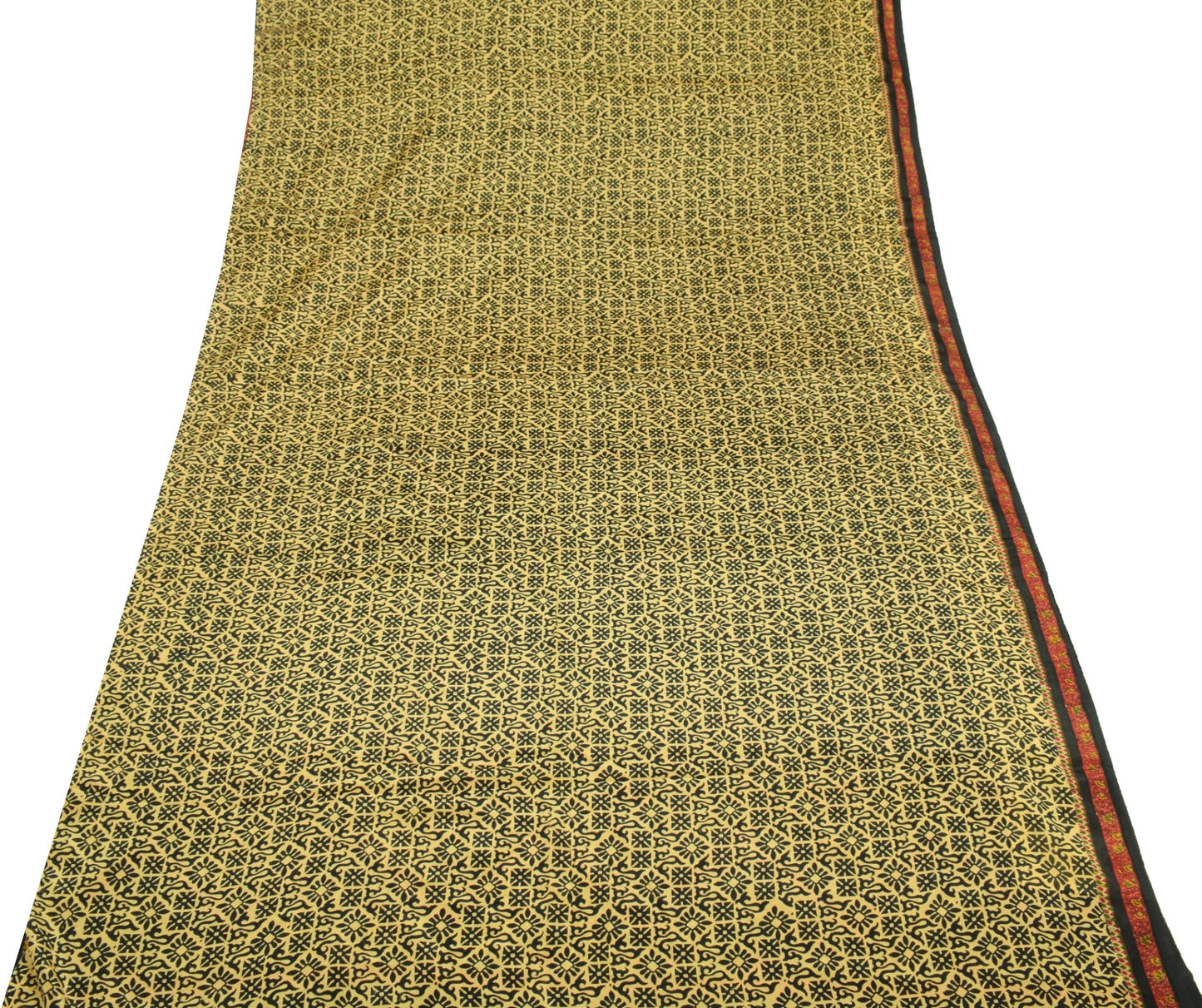 Sushila Vintage Hand Block Printed Saree 100% Pure Silk Cream Soft Craft Fabric