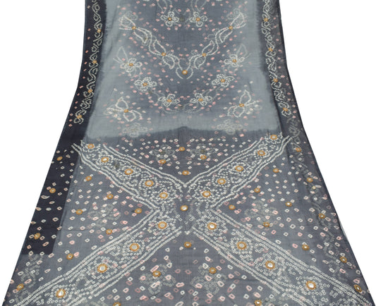 Sushila Vintage Gray Saree Pure Chiffon Silk Bandhani Printed Soft Craft Fabric