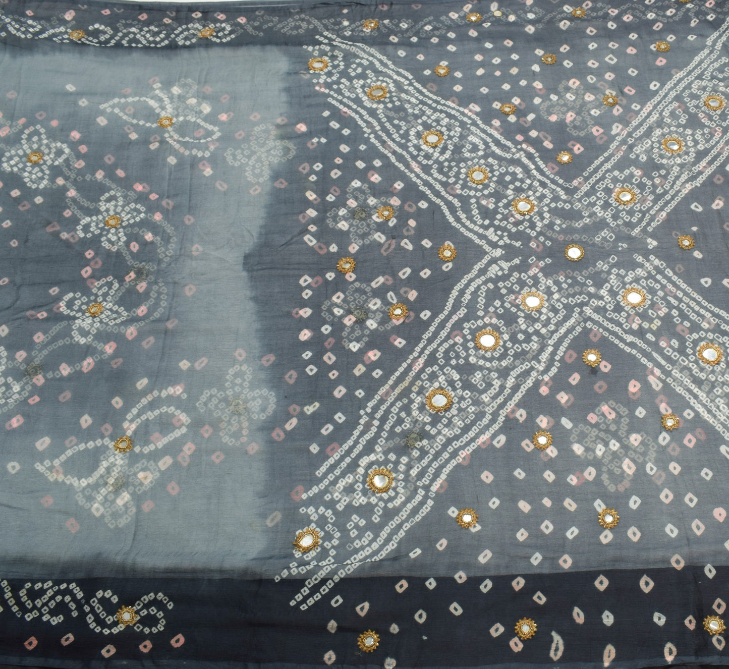 Sushila Vintage Gray Saree Pure Chiffon Silk Bandhani Printed Soft Craft Fabric