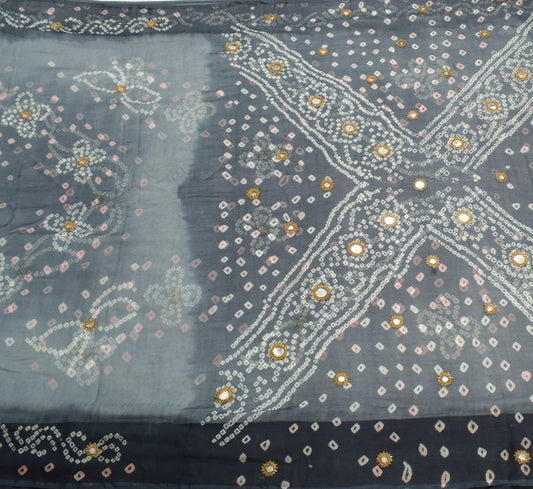 Sushila Vintage Gray Saree Pure Chiffon Silk Bandhani Printed Soft Craft Fabric