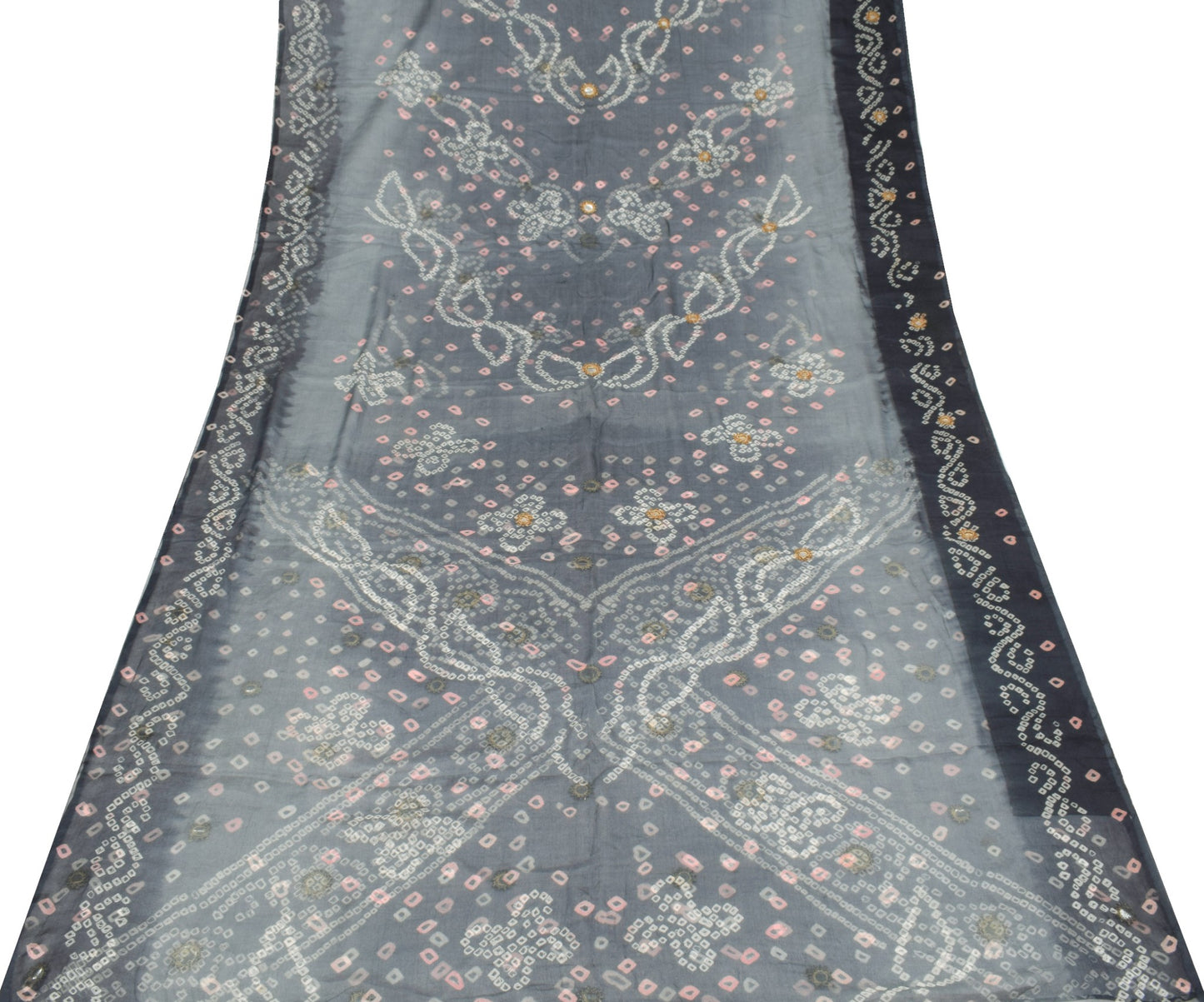 Sushila Vintage Gray Saree Pure Chiffon Silk Bandhani Printed Soft Craft Fabric