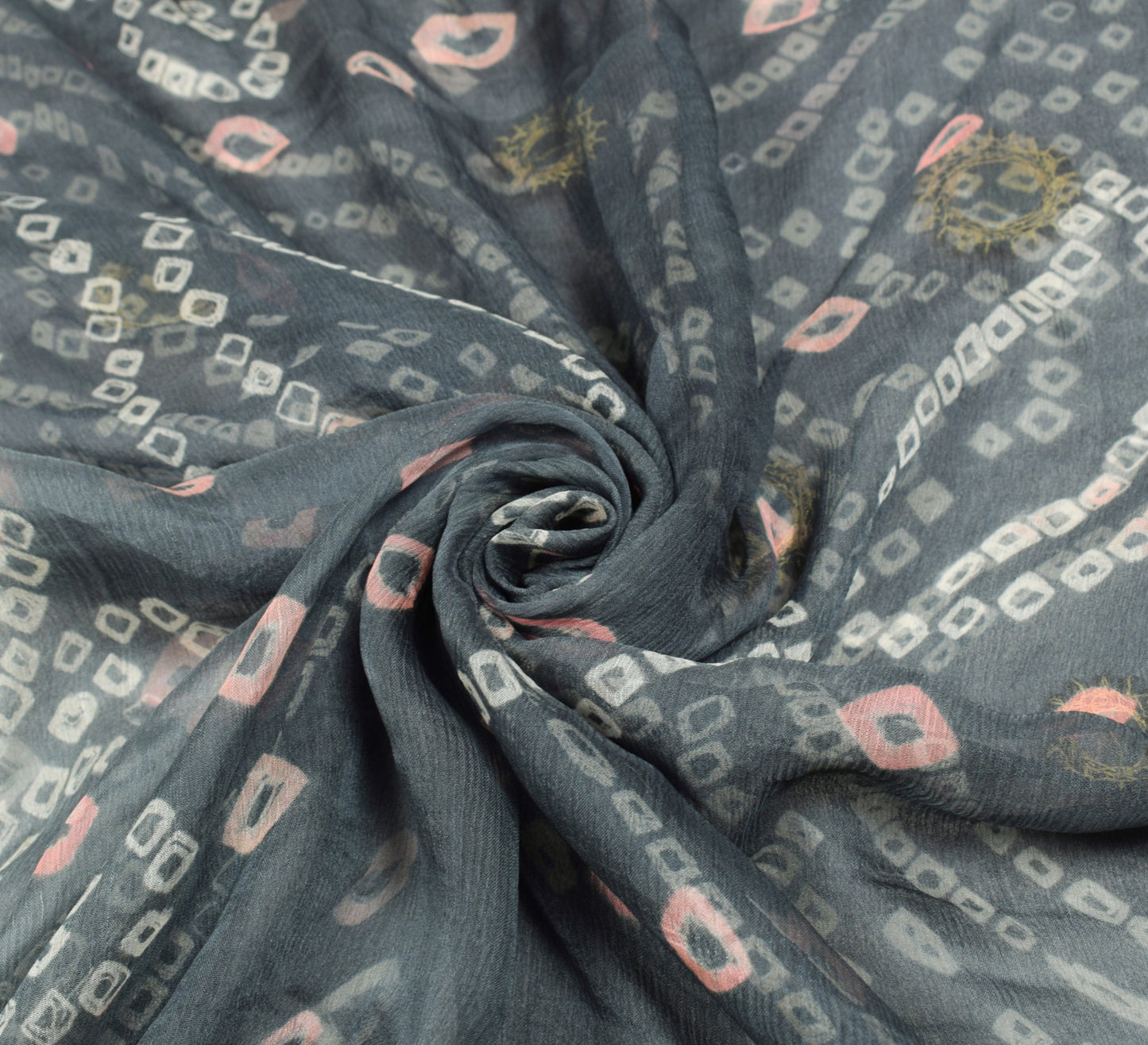 Sushila Vintage Gray Saree Pure Chiffon Silk Bandhani Printed Soft Craft Fabric