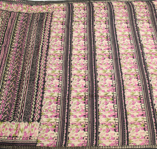 Sushila Vintage Black Abstract Saree Pure Silk Printed Soft 6 Yard Craft Fabric