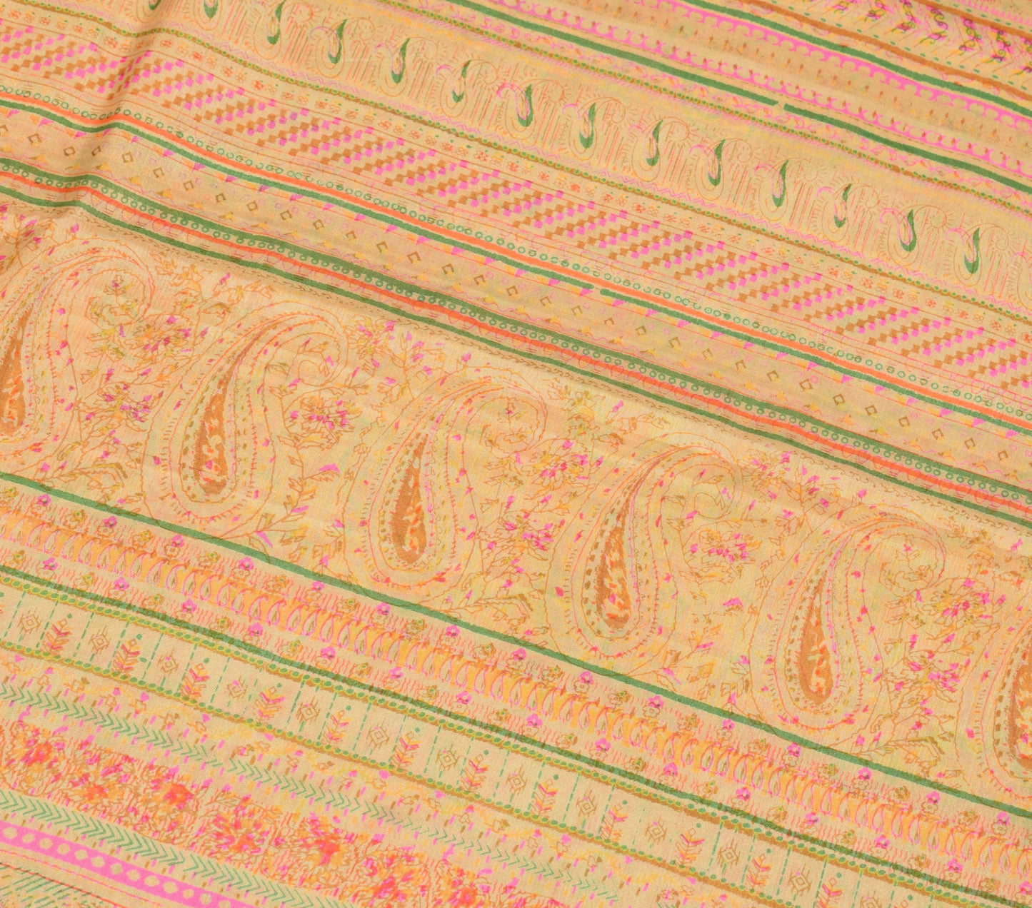 Sushila Vintage Cream Saree Paisley Printed 100%Pure Silk Soft Sari Craft Fabric