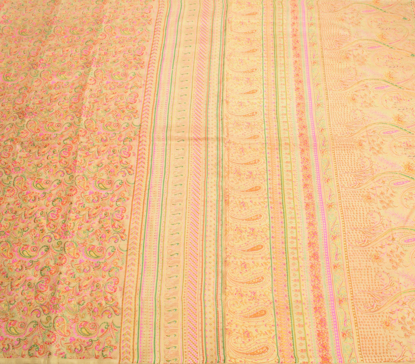 Sushila Vintage Cream Saree Paisley Printed 100%Pure Silk Soft Sari Craft Fabric