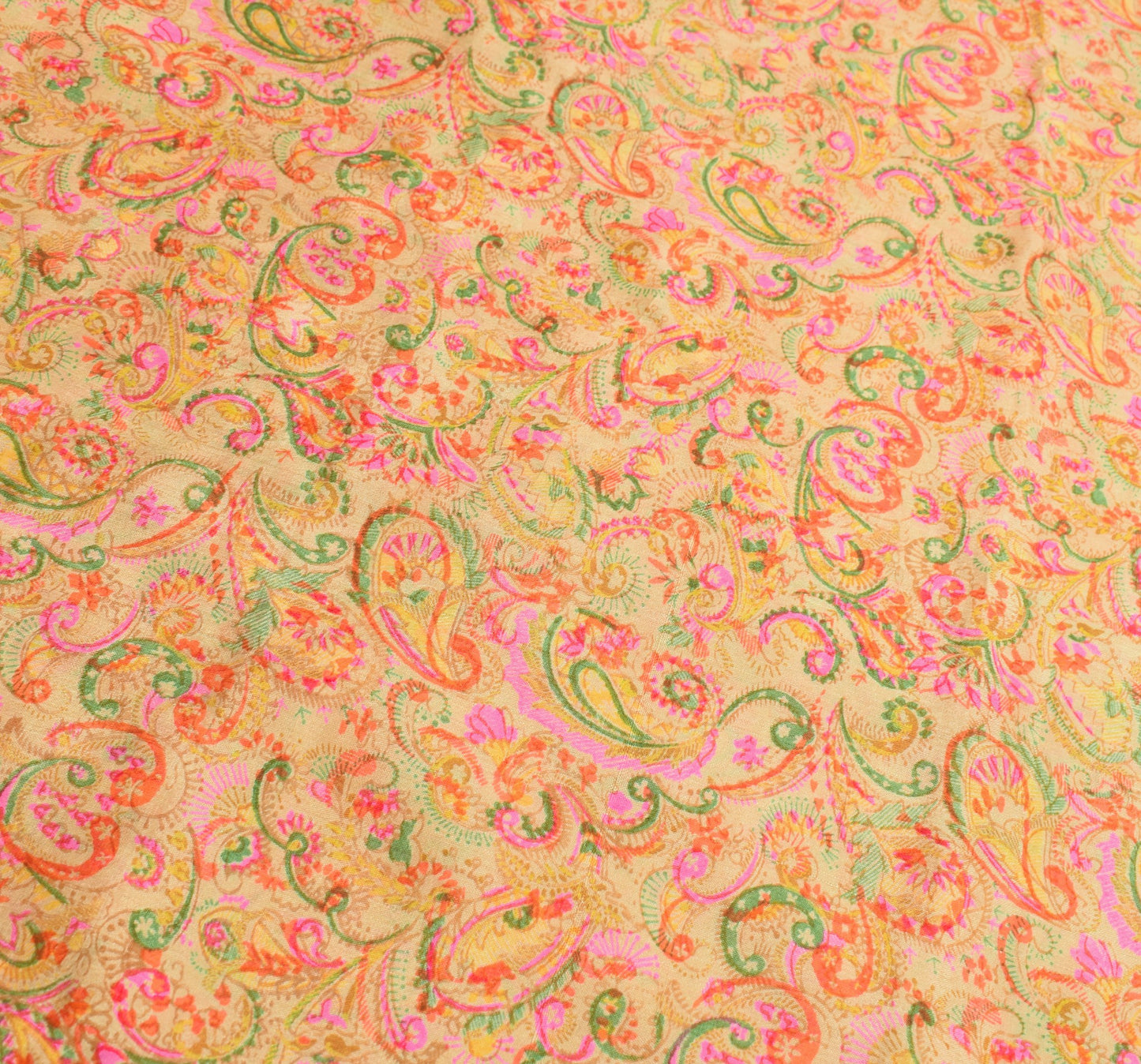 Sushila Vintage Cream Saree Paisley Printed 100%Pure Silk Soft Sari Craft Fabric