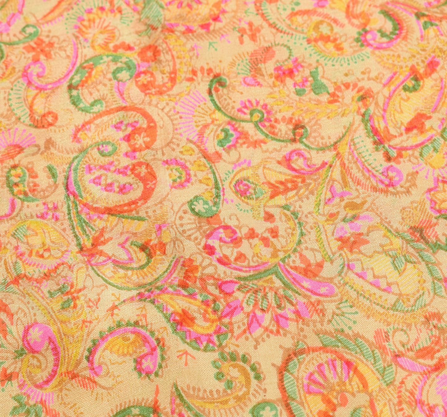 Sushila Vintage Cream Saree Paisley Printed 100%Pure Silk Soft Sari Craft Fabric