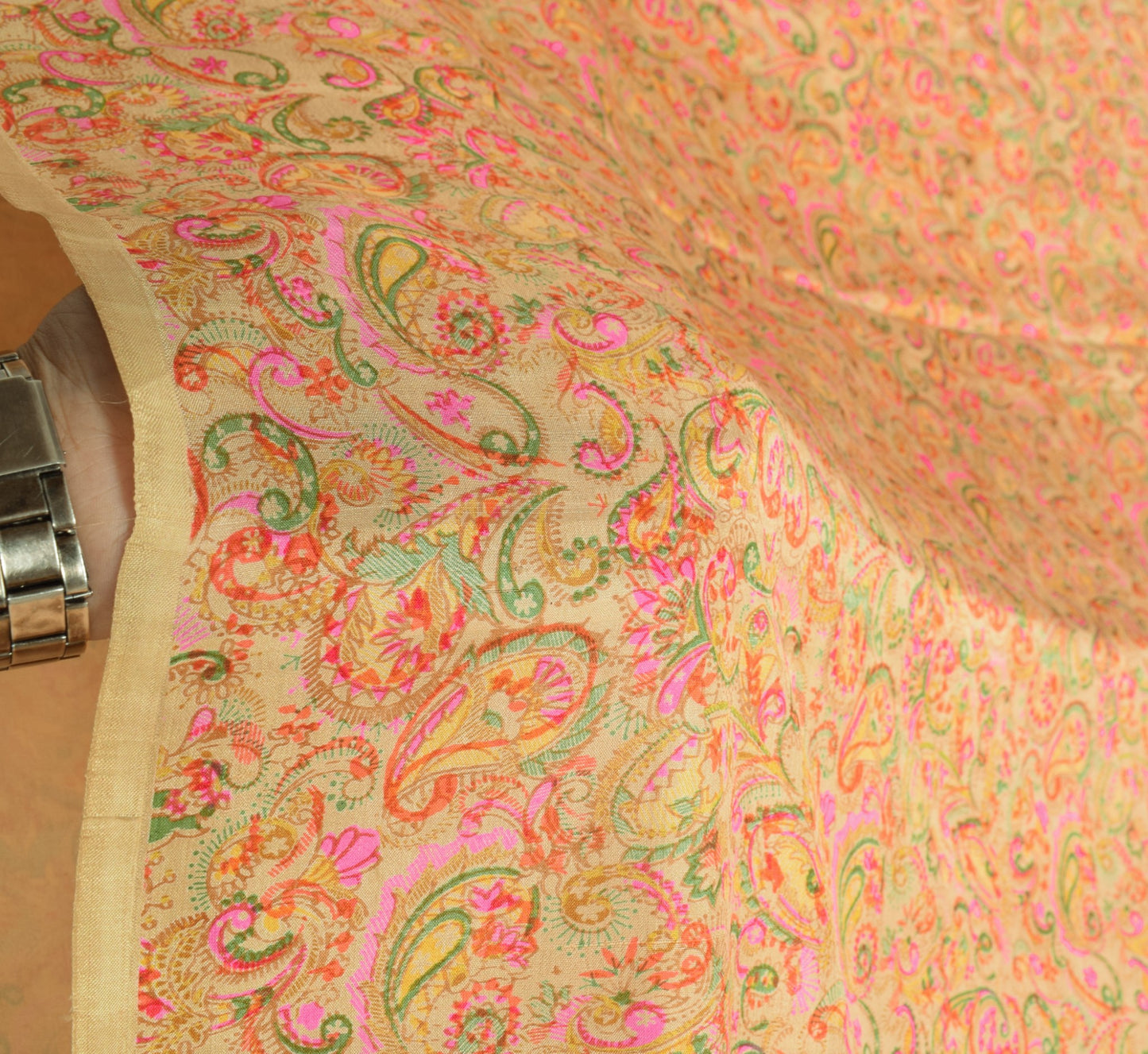 Sushila Vintage Cream Saree Paisley Printed 100%Pure Silk Soft Sari Craft Fabric