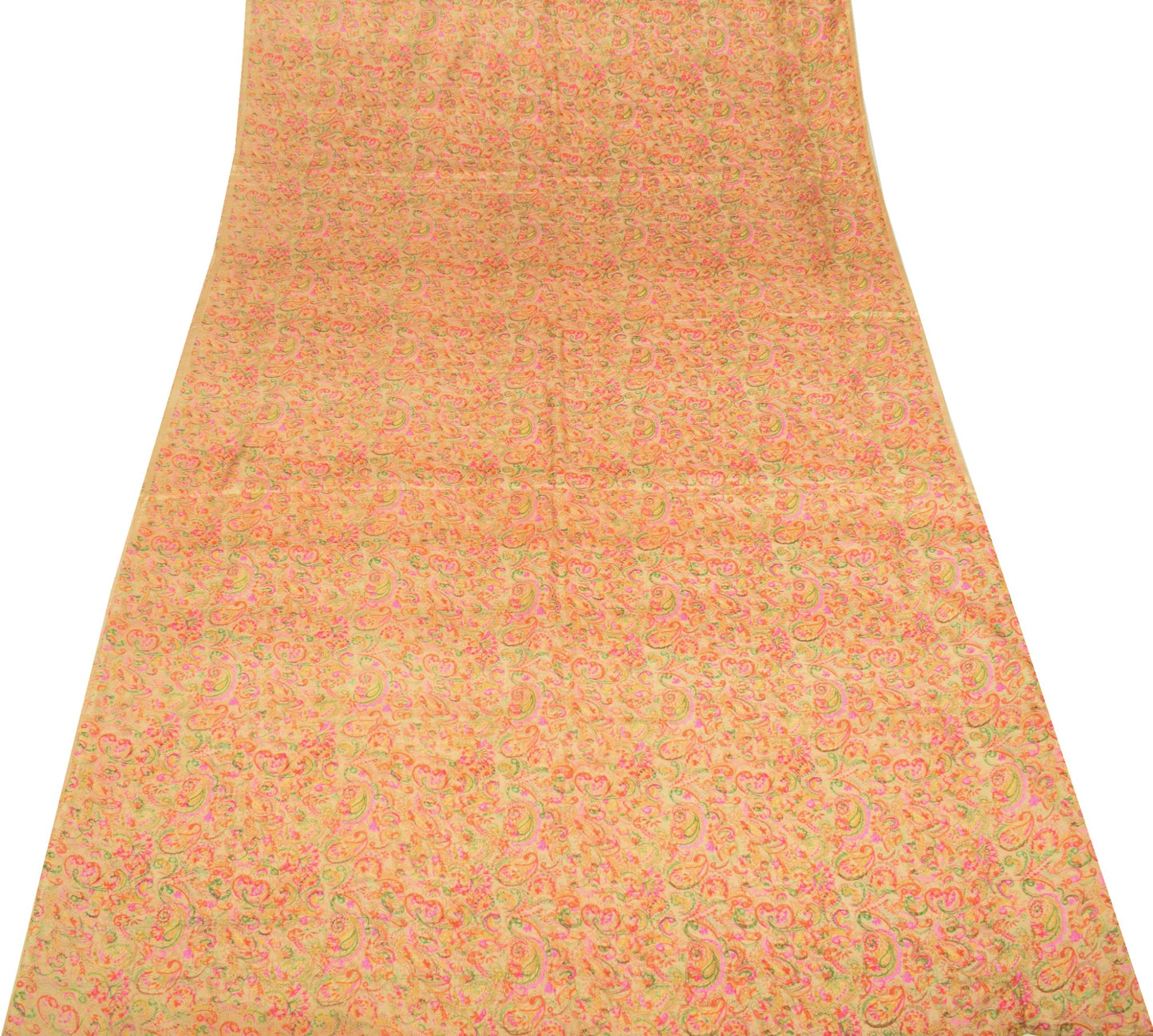 Sushila Vintage Cream Saree Paisley Printed 100%Pure Silk Soft Sari Craft Fabric