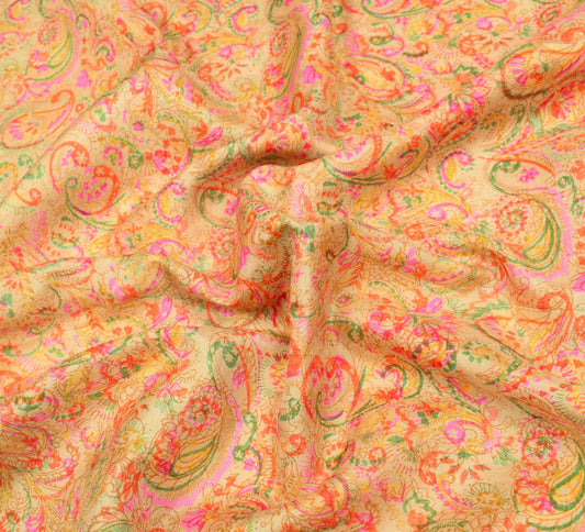 Sushila Vintage Cream Saree Paisley Printed 100%Pure Silk Soft Sari Craft Fabric