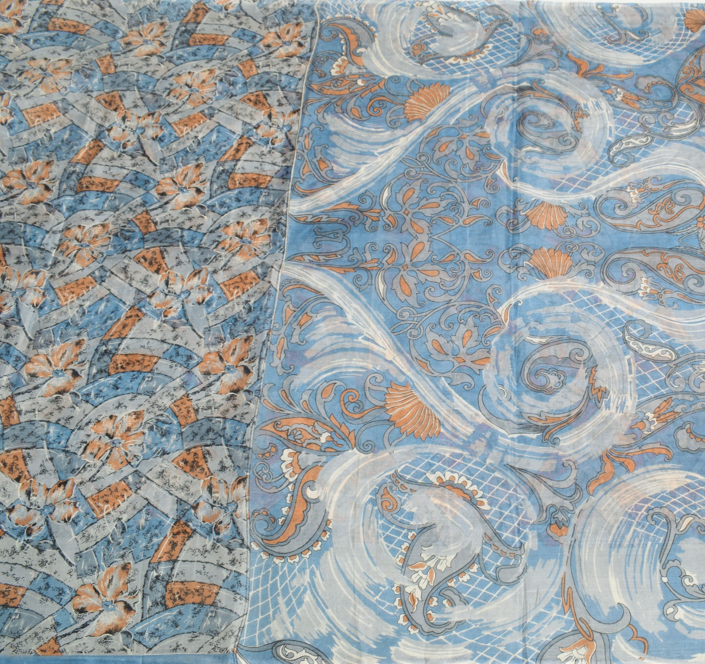 Sushila Vintage Steel Blue & Gray Saree 100% Pure Silk Printed Sari Craft Fabric