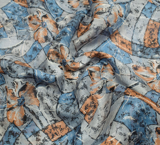 Sushila Vintage Steel Blue & Gray Saree 100% Pure Silk Printed Sari Craft Fabric