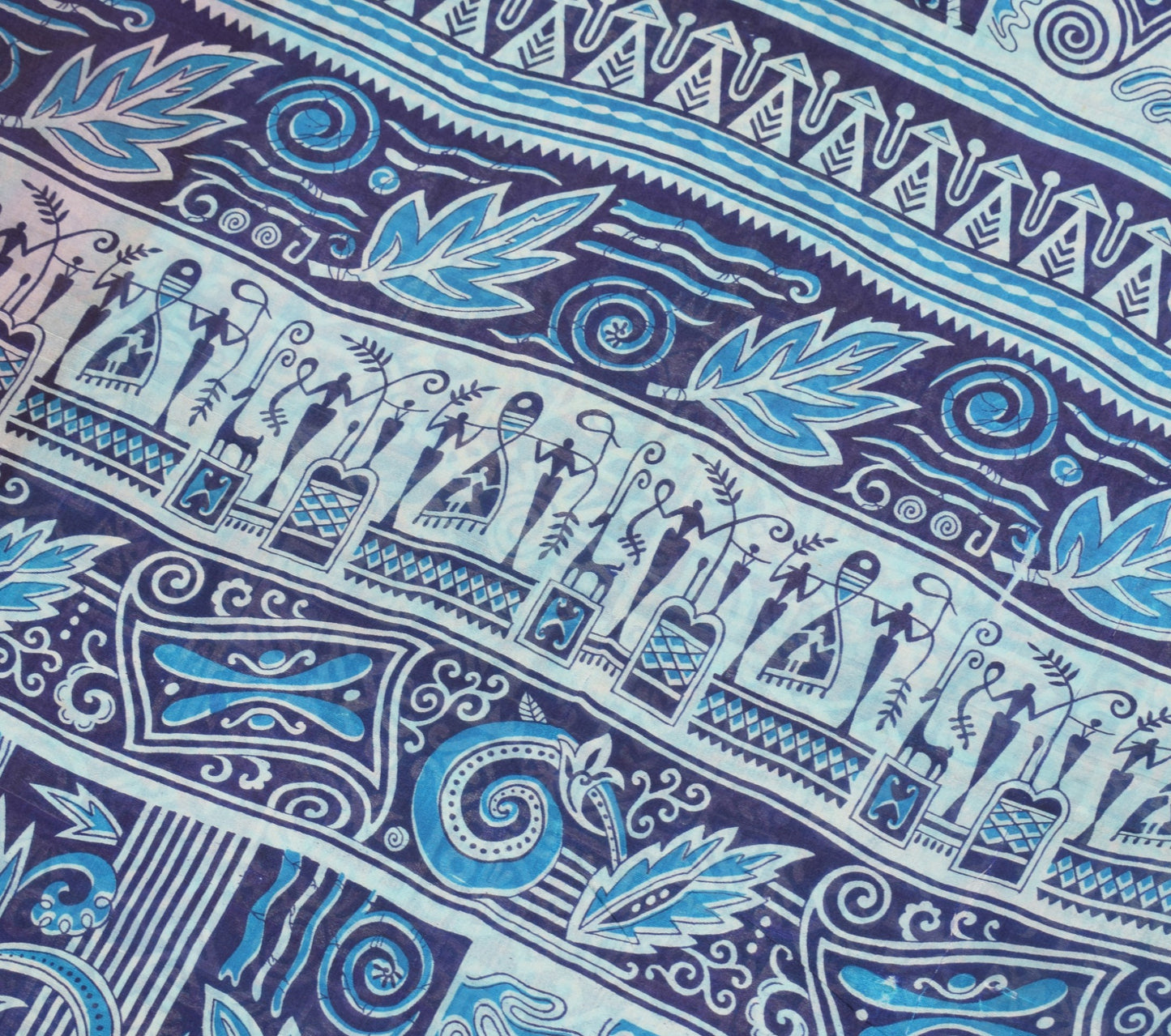 Sushila Vintage Aqua Blue Saree 100% Pure Silk Printed Indian Soft Craft Fabric