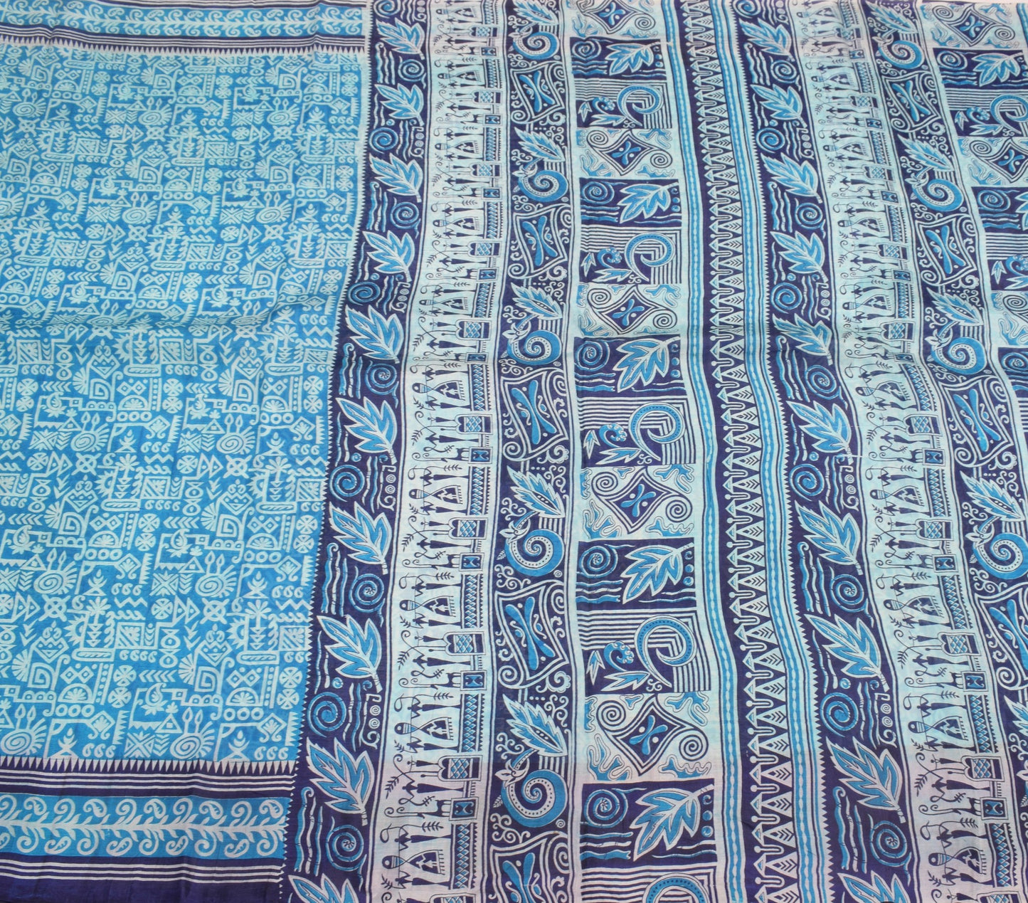 Sushila Vintage Aqua Blue Saree 100% Pure Silk Printed Indian Soft Craft Fabric