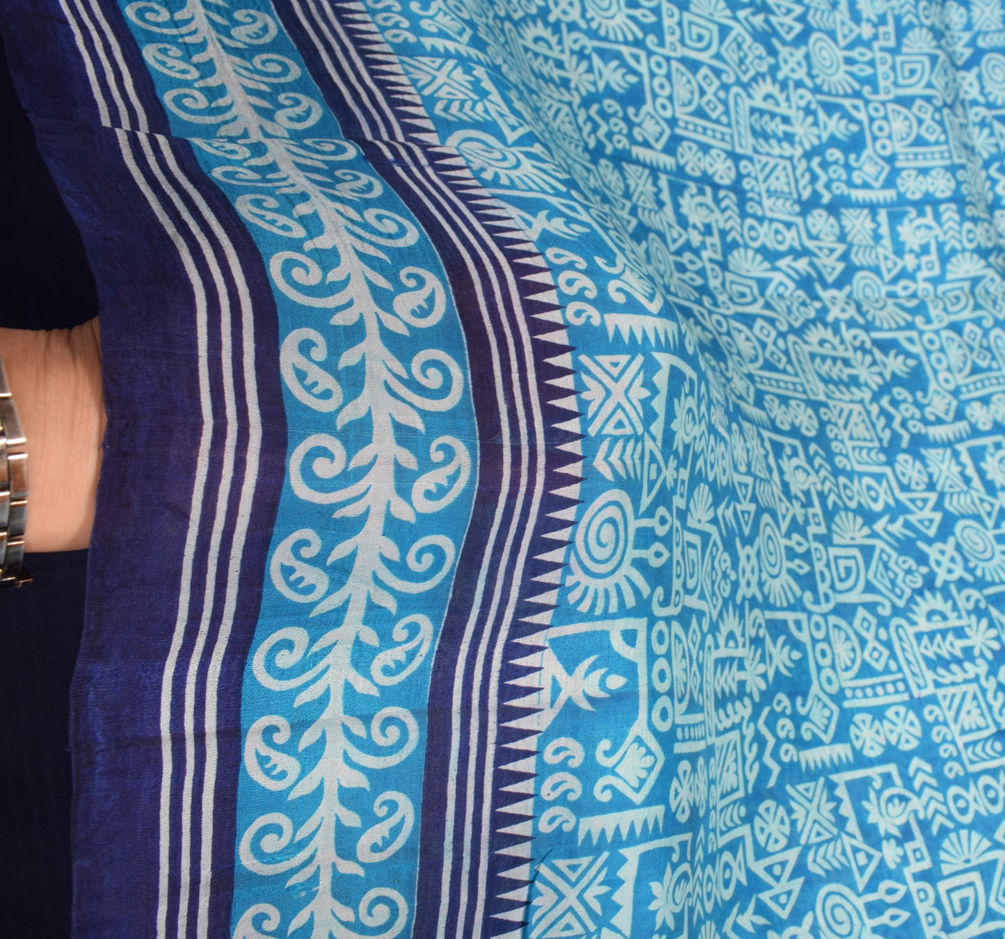 Sushila Vintage Aqua Blue Saree 100% Pure Silk Printed Indian Soft Craft Fabric
